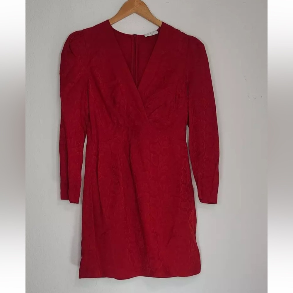 SANDRO Gloria Dress Womens EU 40 Jacquard Gathered Front Patterned V-Neck Red - Picture 1 of 9